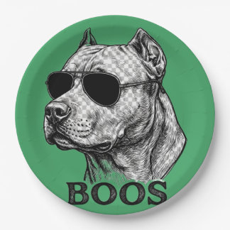 BOOS Pitbull met zonnebril Inkt schets Tattoo ontw Papieren Bordje