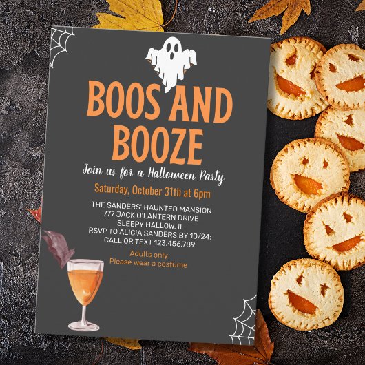 Boos y Booze Black Funny Halloween Party Kaart