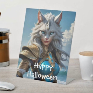 Boosaardige Blauwe Oog Kat Reclamebord Met Voetstuk
