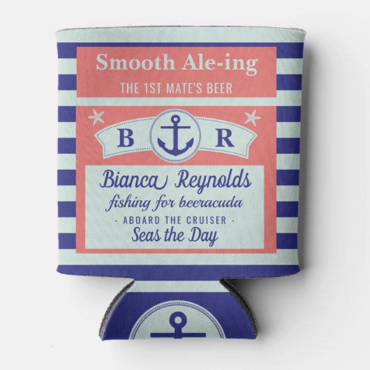 Boot 1e stuurman nautische zeeman gestreepte koraa blikjeskoeler (Voorkant)