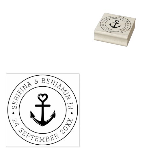 Boot Anker Romantische Nautische Bruiloft Ronde Rubberstempel (Gestempeld)