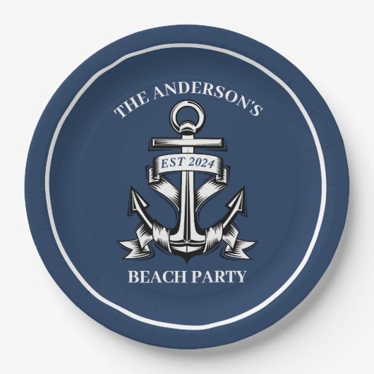 Boot Anker Strand Verjaardagsfeest Nautische bruil Papieren Bordje (Voorkant)