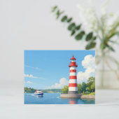 Boot bij een vuurtoren briefkaart (Staand voorkant)