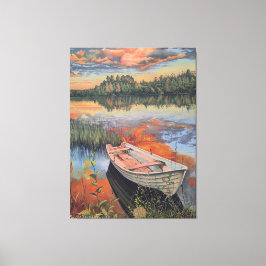 Boot bij zonsondergang: realistische meerreflectie canvas afdruk