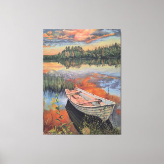 Boot bij zonsondergang: realistische meerreflectie canvas afdruk
