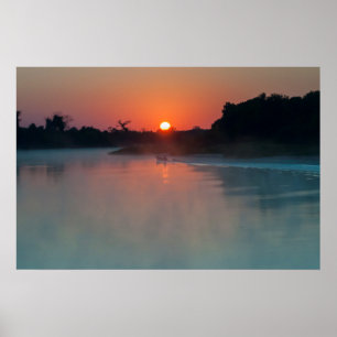 Boot bij zonsopgang op de rivier poster