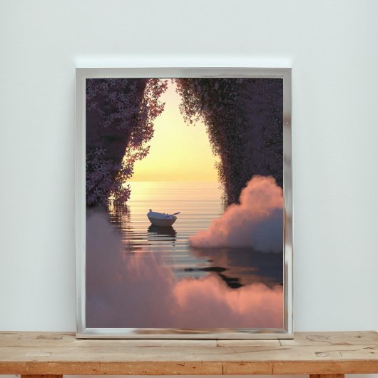 Boot drijvend op de oceaan bij zonsondergang foto afdruk