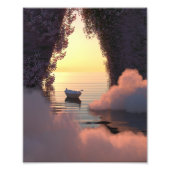 Boot drijvend op de oceaan bij zonsondergang foto afdruk (Voorkant)
