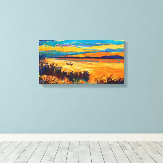 Boot in meer.Sunset landschap Canvas Afdruk (Insitu (Houten vloer))