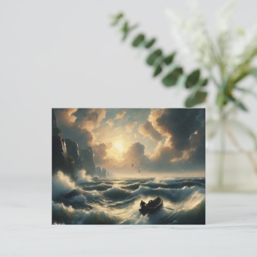 Boot in ruwe wateren, briefkaart (Staand voorkant)