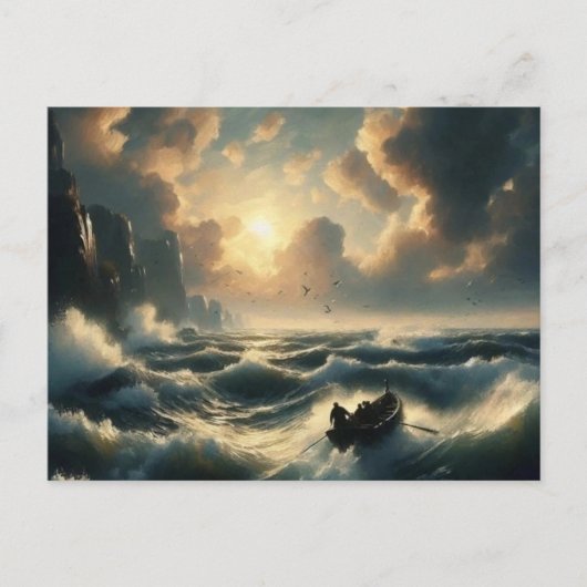 Boot in ruwe wateren, briefkaart (Voorkant)