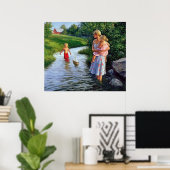 boot op een rivierkunstwerk poster (Thuiskantoor)