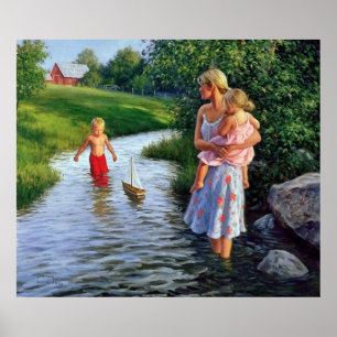 boot op een rivierkunstwerk poster