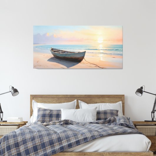 Boot op een rustige kust Elegante kuststrandkunst Canvas Afdruk (Insitu (Slaapkamer))