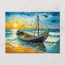 Boot op rustig water bij zonsondergang feestdagenkaart