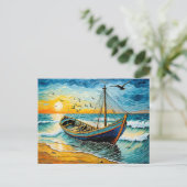 Boot op rustig water bij zonsondergang feestdagenkaart (Staand voorkant)