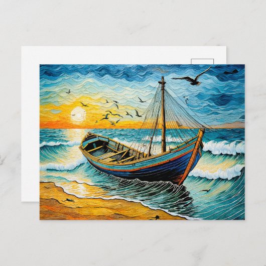 Boot op rustig water bij zonsondergang feestdagenkaart (Voorkant / Achterkant)