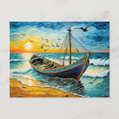 Boot op rustig water bij zonsondergang feestdagenkaart (Voorkant)