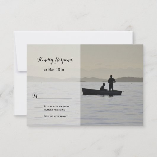 Boot & Paar Silhouette Lake Wedding RSVP Kaarten Kaartje (Voorkant)