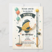 boot schattig jongen vis ofishally een 1e verjaard kaart (Voorkant)