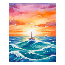 Boot Zonsondergang Oceaan Kleurrijk Waterverf Brun