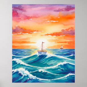 Boot Zonsondergang Oceaan Kleurrijk Waterverf Brun Poster
