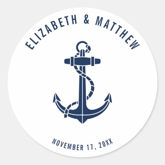 Bootanker Navyblauw Strand Bruiloft Op Maat Ronde Sticker (Voorkant)