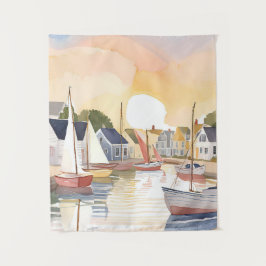 Bootbaai | Kust Oceaan Aquarel Schilderij Wandkleed