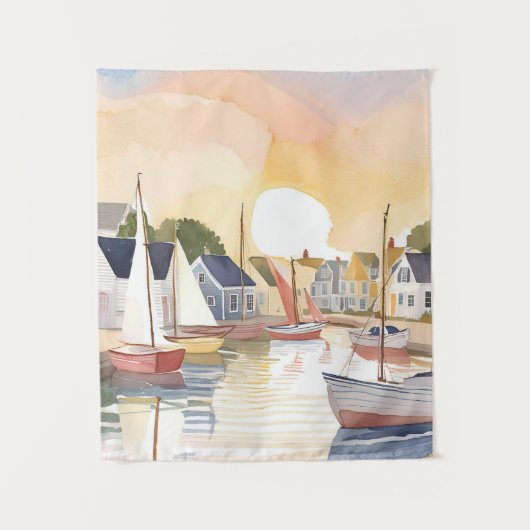 Bootbaai | Kust Oceaan Aquarel Schilderij Wandkleed (Voorkant)
