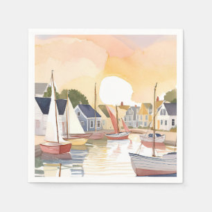 Bootbaai   Kust oceaan aquarelschilderij Servet