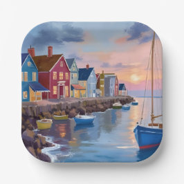 Bootdag | Kustbaai Oceaan Aquarelschilderij Papieren Bordje