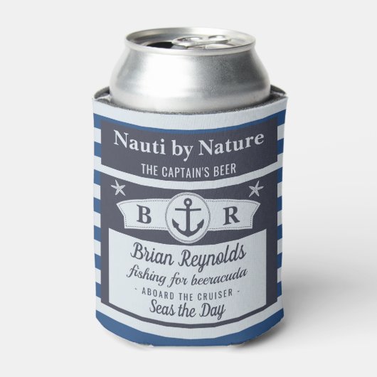 Bootkapitein nautische zeiler gestreept blauw bier blikjeskoeler (Blikje Voorkant)