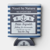 Bootkapitein nautische zeiler gestreept blauw bier blikjeskoeler (Voorkant)