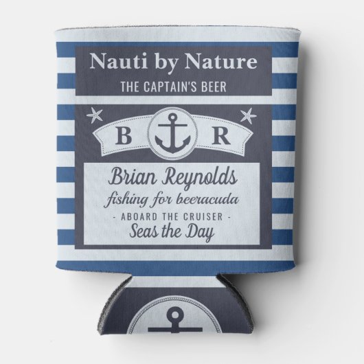 Bootkapitein nautische zeiler gestreept blauw bier blikjeskoeler (Voorkant)