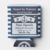 Bootkapitein nautische zeiler gestreept blauw bier blikjeskoeler (Achterkant)