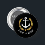Bootnaam Anchor Gold Style Laurel Star Black Ronde Button 5,7 Cm<br><div class="desc">Een persoonlijke knop met de naam van uw boot,  de familienaam of een andere gewenste tekst,  indien nodig. Met een aangepast nautisch bootanker,  gouden laurelbladeren en sterembleem op zwart of pas de primaire kleur eenvoudig aan op het huidige thema. Het maakt elke keer een goede zaak.</div>