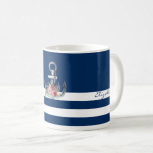 Bootnaam, Anker Bloemen Marineblauw Gestreept Koffiemok