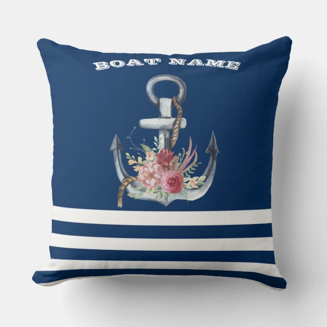 Bootnaam, Anker Bloemen Marineblauw Gestreept Kussen (Voorkant)