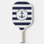Bootnaam Marine Blauw Wit Strepen Nautisch Anker Pickleball Paddle (Achterkant)