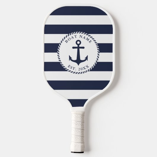 Bootnaam Marine Blauw Wit Strepen Nautisch Anker Pickleball Paddle (Achterkant)