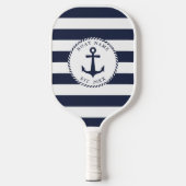 Bootnaam Marine Blauw Wit Strepen Nautisch Anker Pickleball Paddle (Voorkant)