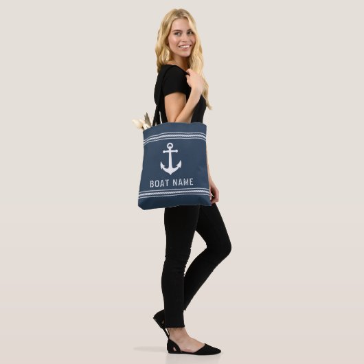 Bootnaam  nautisch anker blauw grijs wit tote bag (Op model)