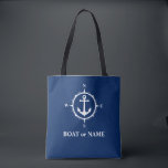 Bootnaam Nautisch Ankerkompas Marine Blauw Wit Tote Bag<br><div class="desc">Stijlvolle marineblauwe canvas tas met uw persoonlijke naam,  bootnaam of andere gewenste tekst. Beschikt over een op maat ontworpen nautisch anker en kompas. Pas eenvoudig de basiskleur aan uw huidige decor of thema aan. Geweldig voor vakantie,  winkelen en reizen. Het perfecte gepersonaliseerde cadeau voor elke gelegenheid.</div>