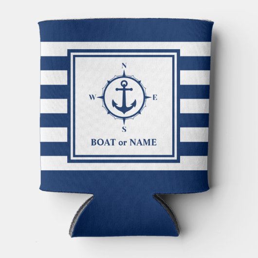 Bootnaam Nautisch Ankerkompas marine blauwe streep Blikjeskoeler (Voorkant)