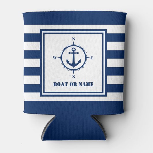 Bootnaam Nautisch Ankerkompas Navy stripes Blikjeskoeler (Voorkant)