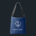 Bootnaam nautisch kompas anker marine blauw crossbody tas<br><div class="desc">Stijlvolle marineblauwe crossbody canvas tas met uw gepersonaliseerde naam,  bootnaam of andere gewenste tekst. Beschikt over een op maat ontworpen nautisch anker en kompas. Pas eenvoudig de basiskleur aan uw huidige decor of thema aan. Geweldig voor vakantie,  winkelen en reizen. Het perfecte gepersonaliseerde cadeau voor elke gelegenheid.</div>