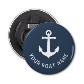 Bootnaam Nautische  Anker Blauw Grijs Wit Button Flesopener (Voorkant)