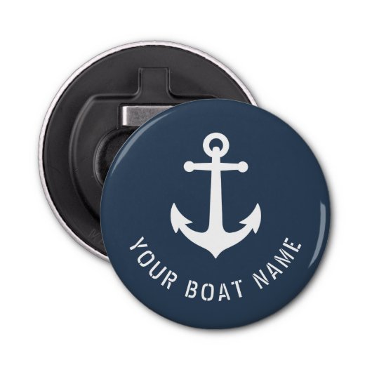 Bootnaam Nautische  Anker Blauw Grijs Wit Button Flesopener (Voorkant)