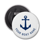 Bootnaam Nautische  Anker Blauw op Wit Button Flesopener (Voorkant)