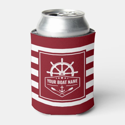 Bootnaam Nautische Anker Roeiers Helm Rood & Wit Blikjeskoeler (Blikje Voorkant)
